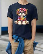 Cute Flower Crown Puppy Graphic T Shirt Art - model wearing navy tee with hands in pockets