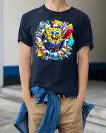 Funny School Sponge Cartoon Graphic T Shirt - model wearing navy tee with hands in pockets