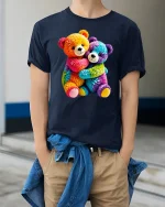 Cute Rainbow Teddy Bears Hugging Graphic T Shirt - model wearing navy tee with hands in pockets