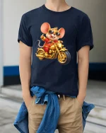 Cool Biker Mouse Cartoon Graphic T Shirt Design - model wearing navy tee with hands in pockets