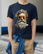 Cool Bearded Greek God Portrait Graphic T Shirt - model wearing navy tee with hands in pockets
