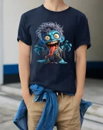Funny Crazy Blue Monster Cartoon Graphic T Shirt - model wearing navy tee with hands in pockets