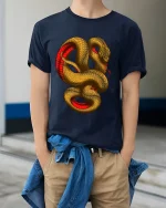 Golden Coiled Snake Graphic T Shirt Bold Art - model wearing navy tee with hands in pockets