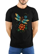 Vibrant Dragonfly Floral Art T Shirt Nature Bloom - model wearing black tee with hands behind back