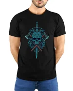 Dark Skull Sword and Axes Graphic T Shirt Art - model wearing black tee with hands behind back