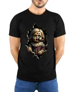 Creepy Cracked Doll Horror Graphic T Shirt Art - model wearing black tee with hands behind back