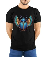 Egyptian Scarab Beetle Graphic T Shirt Art - model wearing black tee with hands behind back
