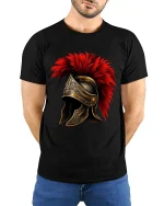 Roman Gladiator Helmet Graphic T Shirt Art - model wearing black tee with hands behind back