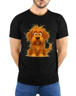 Cute Shaggy Puppy Cartoon Graphic T Shirt - model wearing black tee with hands behind back