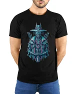 Cyberpunk Samurai Robot Graphic T Shirt Art - model wearing black tee with hands behind back