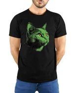 Neon Green Cat Face Graphic T Shirt Art - model wearing black tee with hands behind back