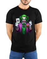 Evil Clown Playing Card Graphic T Shirt Art - model wearing black tee with hands behind back