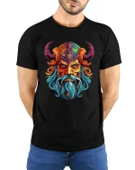 Colorful Viking Warrior Face Graphic T Shirt - model wearing black tee with hands behind back
