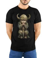 Cute Baby Viking Warrior Graphic T Shirt Art - model wearing black tee with hands behind back