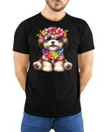 Cute Flower Crown Puppy Graphic T Shirt Art - model wearing black tee with hands behind back