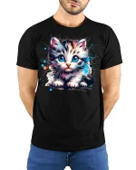 Cute Blue Eyed Kitten Graphic T Shirt Art - model wearing black tee with hands behind back
