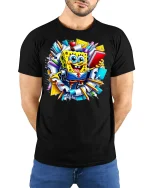 Funny School Sponge Cartoon Graphic T Shirt - model wearing black tee with hands behind back