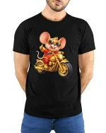 Cool Biker Mouse Cartoon Graphic T Shirt Design - model wearing black tee with hands behind back