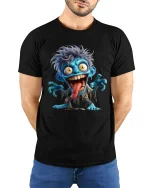 Funny Crazy Blue Monster Cartoon Graphic T Shirt - model wearing black tee with hands behind back