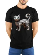 Cute Skeleton Cat Cartoon Graphic T Shirt Design - model wearing black tee with hands behind back