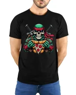 Funny Skull Ninja Turtle Pizza Graphic T Shirt - model wearing black tee with hands behind back