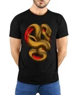 Golden Coiled Snake Graphic T Shirt Bold Art - model wearing black tee with hands behind back