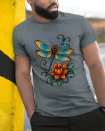 Vibrant Dragonfly Floral Art T Shirt Nature Bloom - model wearing grey tee, leaning on column