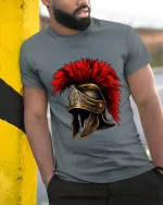 Roman Gladiator Helmet Graphic T Shirt Art - model wearing grey tee, leaning on column