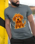 Cute Shaggy Puppy Cartoon Graphic T Shirt - model wearing grey tee, leaning on column