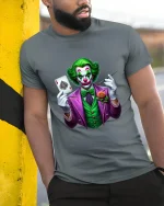 Evil Clown Playing Card Graphic T Shirt Art - model wearing grey tee, leaning on column