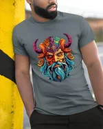 Colorful Viking Warrior Face Graphic T Shirt - model wearing grey tee, leaning on column