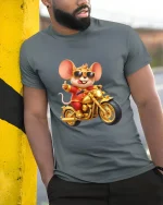 Cool Biker Mouse Cartoon Graphic T Shirt Design - model wearing grey tee, leaning on column
