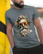 Cool Bearded Greek God Portrait Graphic T Shirt - model wearing grey tee, leaning on column