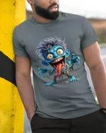 Funny Crazy Blue Monster Cartoon Graphic T Shirt - model wearing grey tee, leaning on column