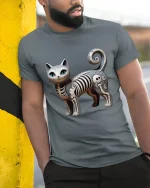 Cute Skeleton Cat Cartoon Graphic T Shirt Design - model wearing grey tee, leaning on column