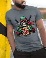 Funny Skull Ninja Turtle Pizza Graphic T Shirt - model wearing grey tee, leaning on column