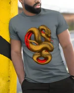 Golden Coiled Snake Graphic T Shirt Bold Art - model wearing grey tee, leaning on column