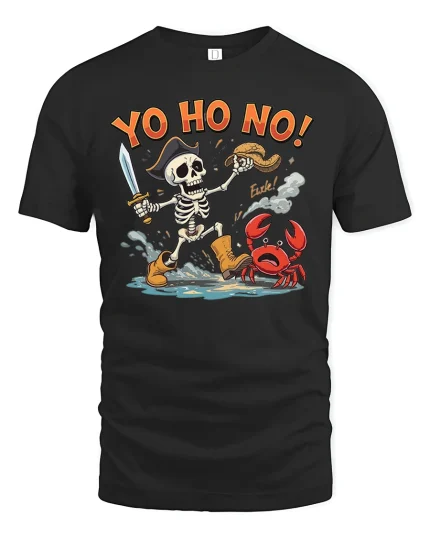 Yo Ho No Funny Pirate Skeleton T Shirt - black t-shirt on white background