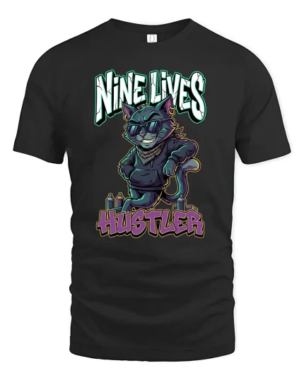 Nine Lives Hustler Cool Cat Graphic T Shirt - black t-shirt on white background