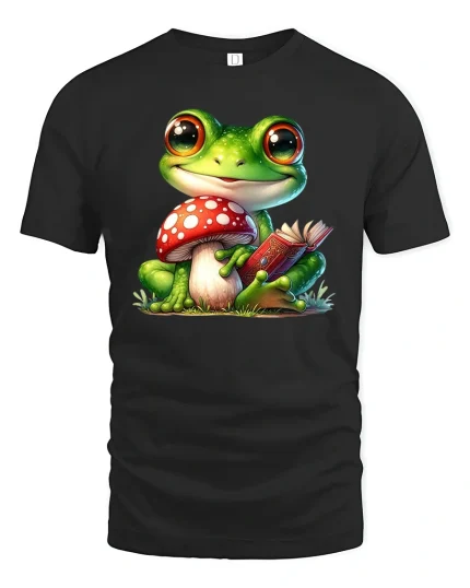 Cute Reading Frog And Mushroom T Shirt - black t-shirt on white background
