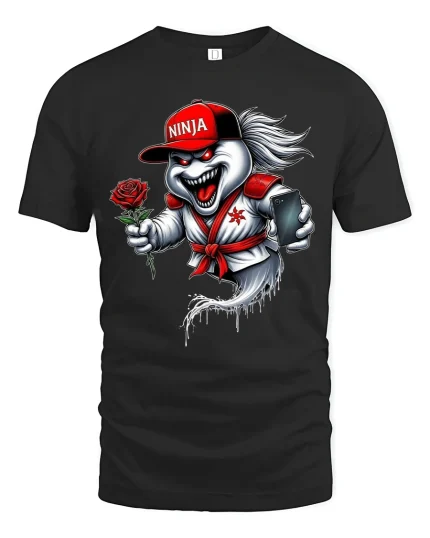 Funny Ninja Ghost With Rose Graphic T Shirt - black t-shirt on white background