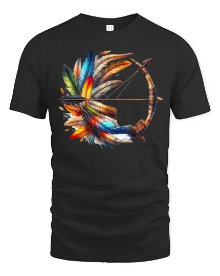 Colorful Feather Bow And Arrow Graphic T Shirt - black t-shirt on white background