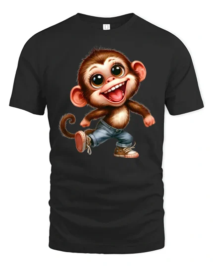 Happy Dancing Monkey Cartoon Graphic T Shirt - black t-shirt on white background