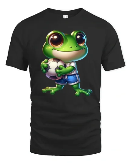 Cute Soccer Frog Cartoon Graphic T Shirt - black t-shirt on white background