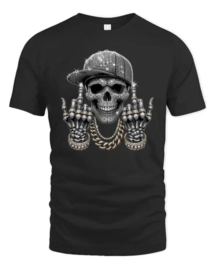 Bling Skull Street Style Graphic T Shirt - black t-shirt on white background