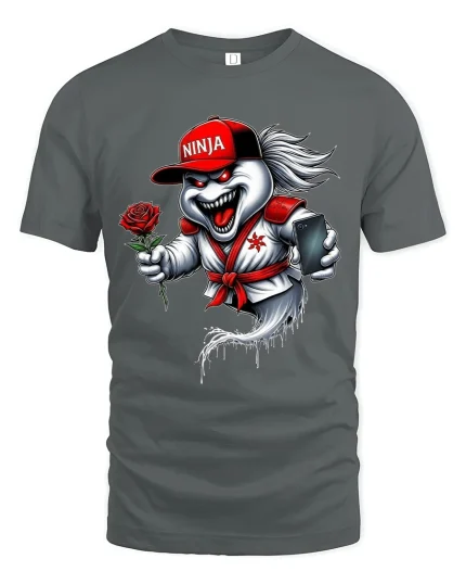 Funny Ninja Ghost With Rose Graphic T Shirt - gray t-shirt on white background