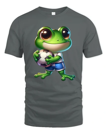 Cute Soccer Frog Cartoon Graphic T Shirt - gray t-shirt on white background