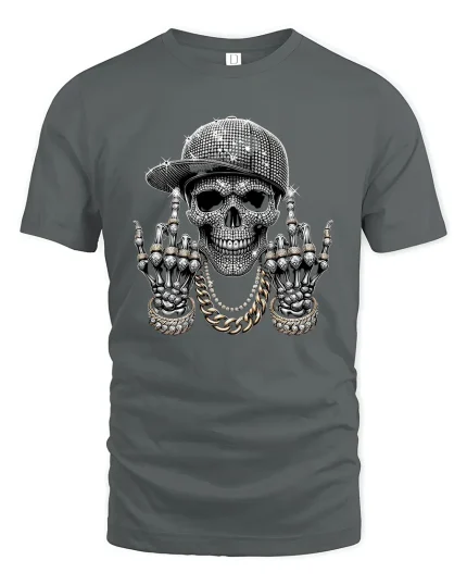 Bling Skull Street Style Graphic T Shirt - gray t-shirt on white background