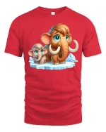 Cute Woolly Mammoth And Baby Cartoon T Shirt - red t-shirt on white background