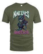 Nine Lives Hustler Cool Cat Graphic T Shirt - military green t-shirt on white background